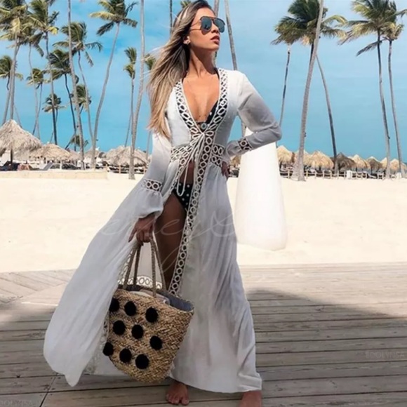 Other - White Crochet Trim Kimono Maxi Coverup Beach Wrap